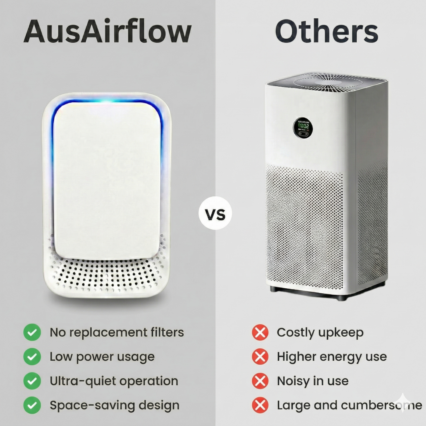 AusAirflow compact plug-in purifier compared with a bulky tower air purifier