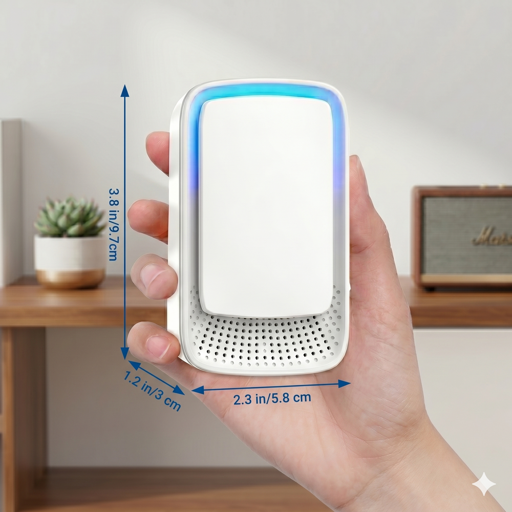 AusAirflow Plug-In Ion Air Purifier held in hand, 9.7cm tall