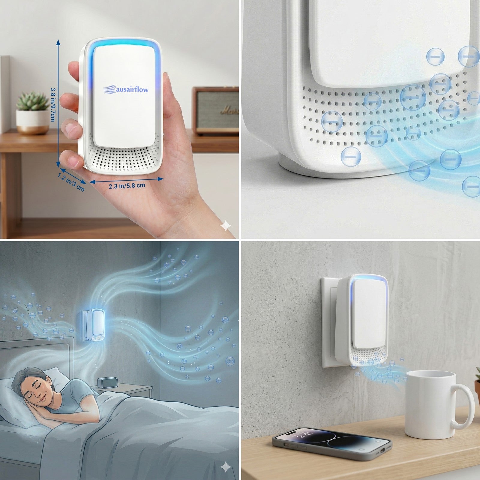 AusAirflow ion air purifier collage: held in hand, grille detail, night-time bedroom use and bedside table