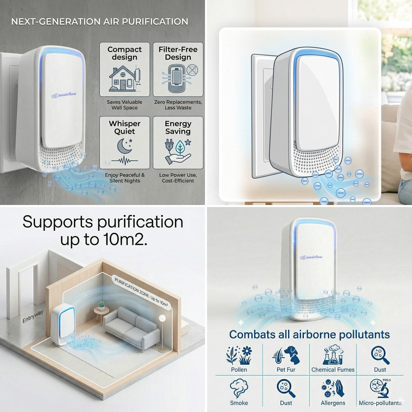 AusAirflow ion air purifier features collage: wall socket install, room coverage up to 10m2 and airborne pollutant types