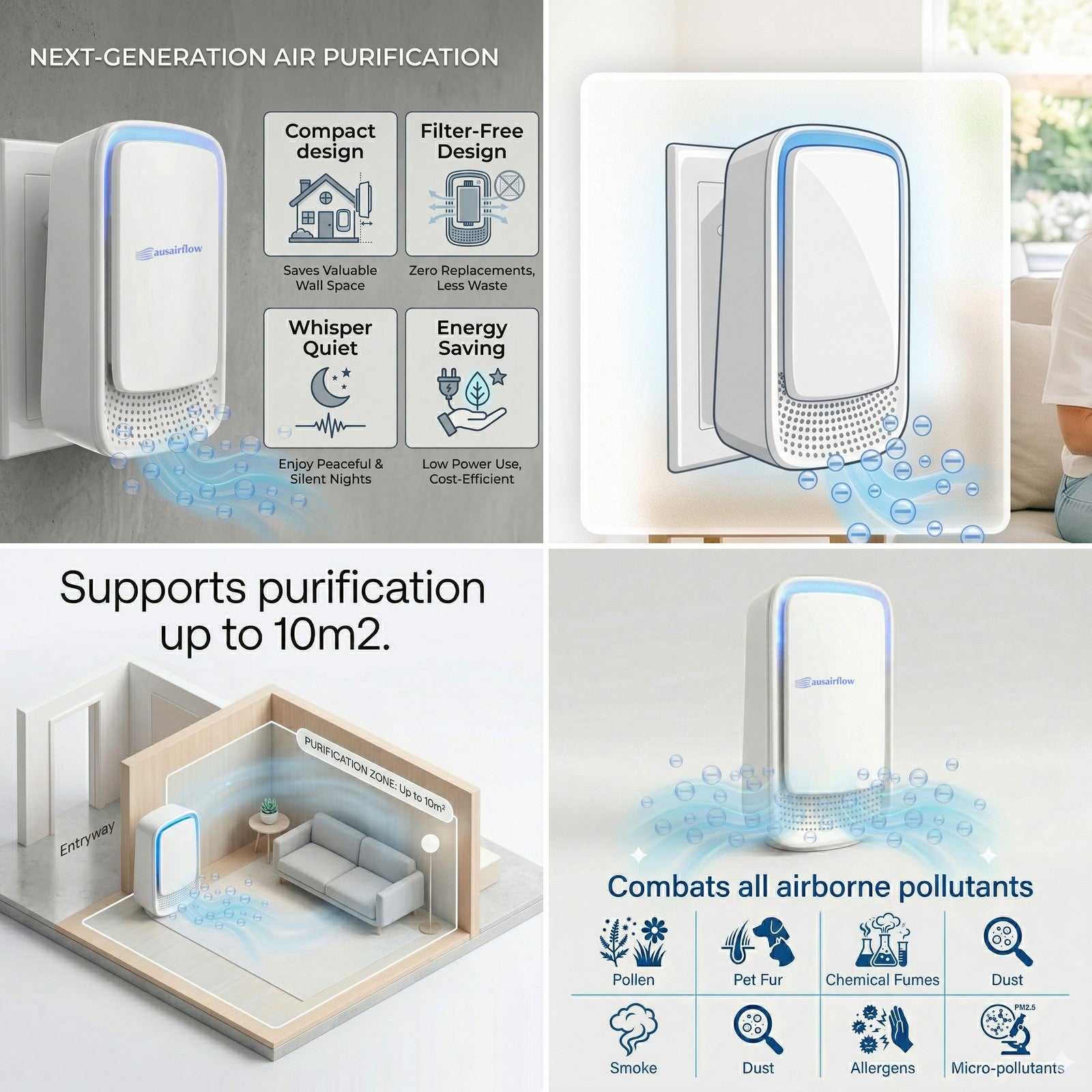 AusAirflow ion air purifier features collage: wall socket install, room coverage up to 10m2 and airborne pollutant types