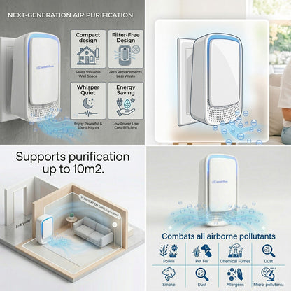 AusAirflow ion air purifier features collage: wall socket install, room coverage up to 10m2 and airborne pollutant types